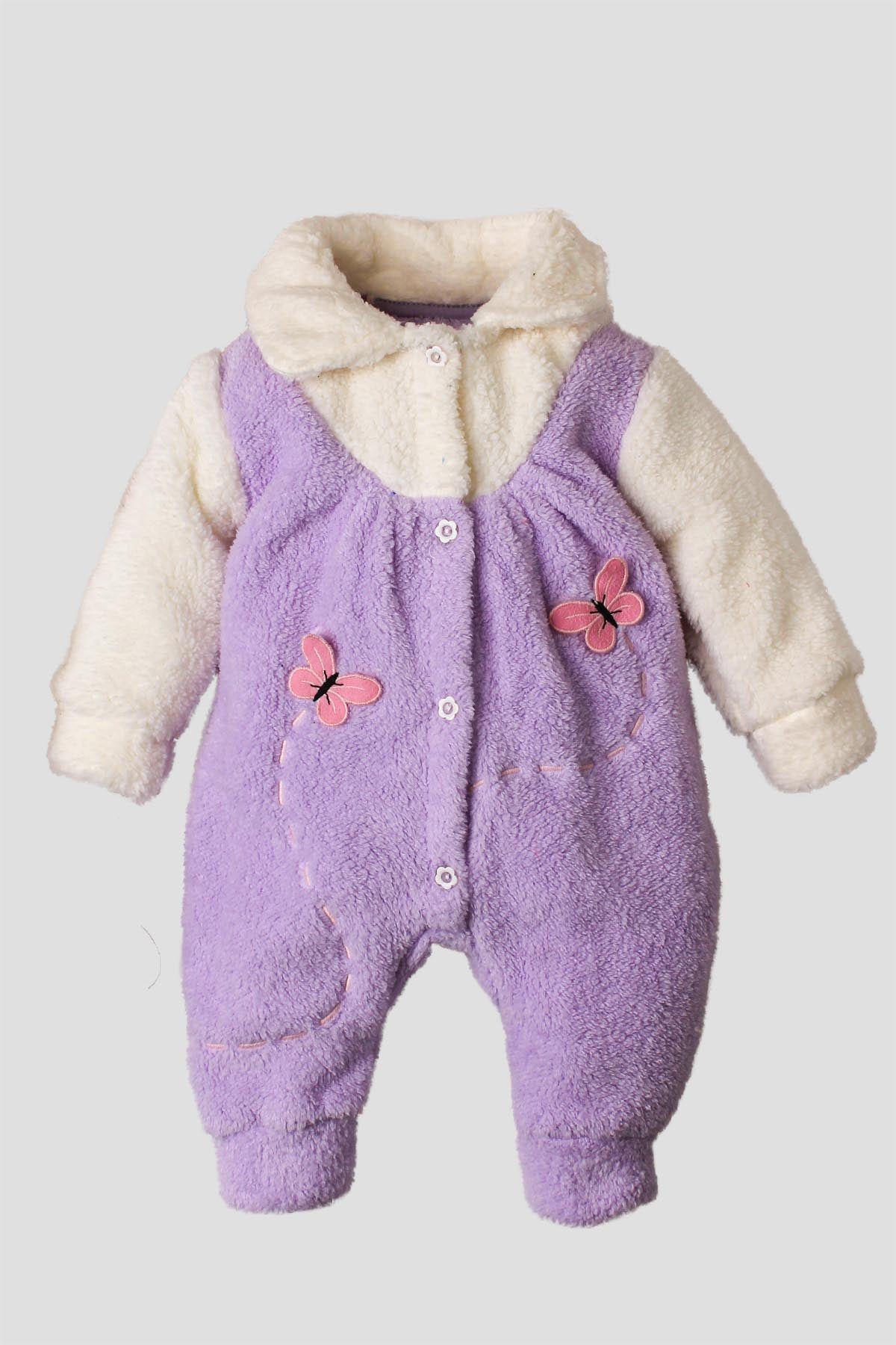 Kız Bebek Tulum Peluş Kelebek Aplikeli Yakalı Kız Bebek Tulum 0-12 Ay